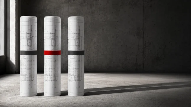 Three rolled sets of building plans standing on a concrete slab