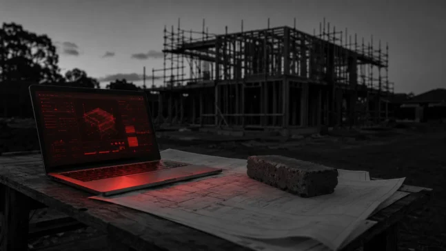 Laptop showing a red 3D building model on a site table in front of a timber frame