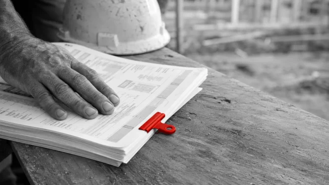 Builder's hand resting on a printed construction quote on site