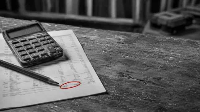 Calculator resting on a job costing sheet with a figure circled in red