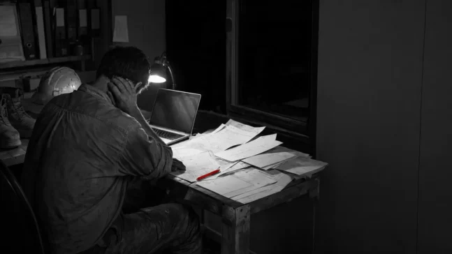 Builder working late at a desk surrounded by paperwork