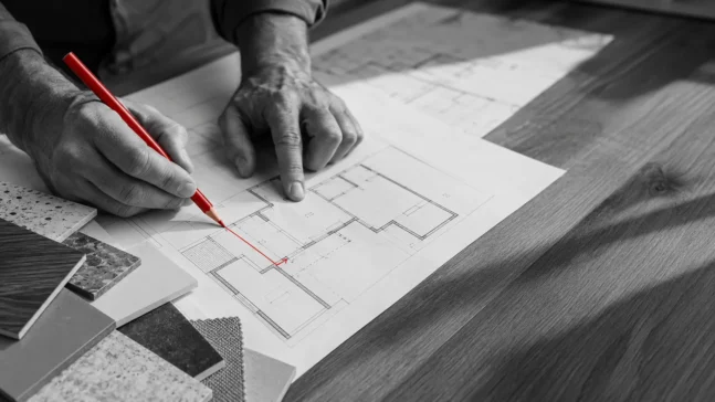 Builder marking up a floor plan in red pen beside material samples
