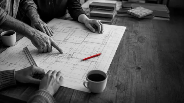 Builder, architect and client reviewing plans together at a table